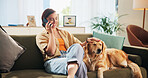 Happy, phone and woman with dog on sofa for bonding, care and relax together in living room. Chill, pet and person with Golden Retriever on smartphone for internet, social networking and contact