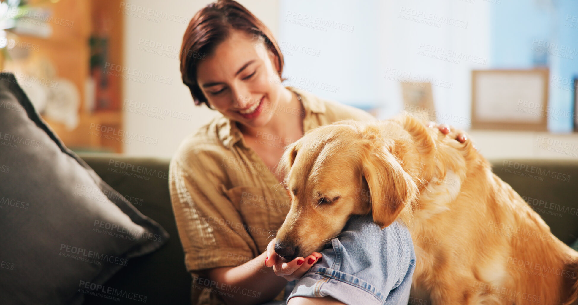 Buy stock photo Dog, woman and happy with treat on sofa in home, relax and care with bonding, eating and trust in living room. Person, pet and golden retriever with snack, training and loyalty with food at apartment