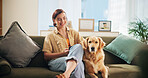Phone, relax and woman with dog on sofa for bonding, love and chill together in living room. Animal, pet and person with Golden Retriever on smartphone for social media, internet or online on weekend