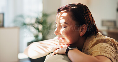 Buy stock photo Woman, eyes closed and smile on sofa in home, living room and reflection with memory, relax and nostalgia. Person, happy and rest with daydream, inspiration and perspective in lounge at apartment