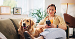 Sofa, relax and woman with dog and phone for bonding, love and chill together in living room. Home, pet and person with Golden Retriever on smartphone for chat, social media and online on weekend