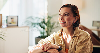 Buy stock photo Woman, happy and thinking in home, living room and reflection with memory, relax and nostalgia. Person, smile and mindset with daydream, inspiration or perspective for future in lounge at apartment