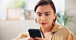 Woman, phone and stress on sofa in home for breakup, notification or bad news in living room. Person, smartphone and depressed with chat on mobile app, mental health or social media on couch at house