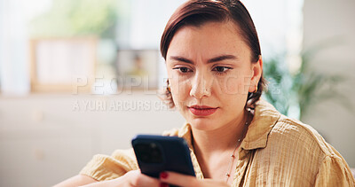 Buy stock photo Woman, phone and texting on sofa in home with scroll, notification or web chat in living room. Person, smartphone and contact with typing on mobile app, social media and relax in lounge at house