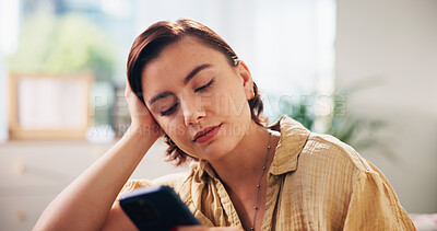 Buy stock photo Woman, phone and relax on sofa in home with click, notification or texting in living room. Person, smartphone and contact with chat on mobile app, social media and scroll with web on couch at house