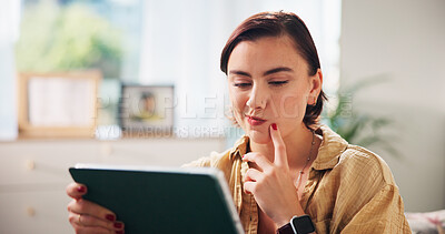 Buy stock photo Woman, tablet and thinking on sofa, search and streaming with video in living room at apartment. Girl, person and digital touchscreen with app, film subscription and choice for movie on couch in home
