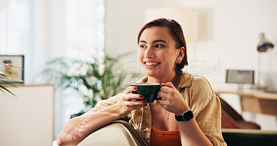 Buy stock photo Thinking, happy and woman in home with coffee for drink, beverage and tea in morning. Relax, apartment and person with mug for calm, break and rest for wellness, peace or inspiration on weekend