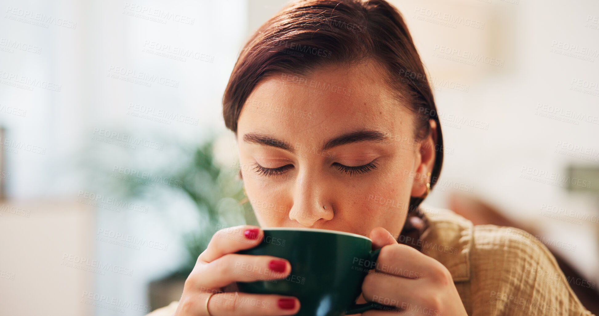 Buy stock photo Coffee, relax and woman in home with drink for caffeine beverage or cappuccino in morning. House, apartment and person with mug for calm, break and rest for wellness, peace or satisfaction on weekend