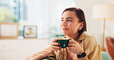 Buy stock photo Woman, relax and thinking in home with coffee, calm and stress free on weekend. Girl, female student and smile in living room with warm drink, comfort and me time on study break in apartment