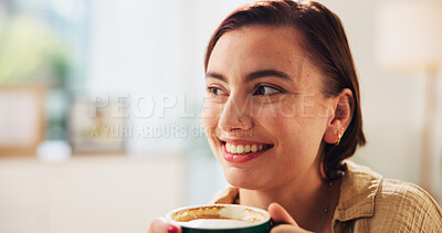 Buy stock photo Happy woman, relax and thinking in home with coffee, calm and stress free on weekend. Girl, female student and smile in living room with warm drink, comfort and me time on study break in apartment