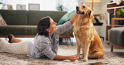 Buy stock photo Love, relax and dog with woman on floor of living room for petting, bonding and loyalty. Trust, animal adoption and care with person and golden retriever at home for support, domestic and happiness