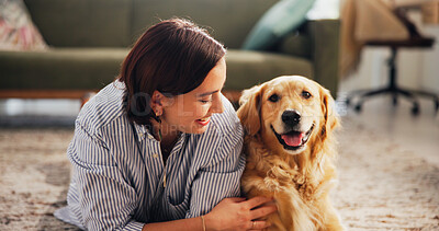 Buy stock photo Love, bonding and dog with woman on floor of living room for petting, relax and loyalty. Trust, animal adoption and care with person and golden retriever at home for support, domestic and happiness