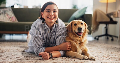 Buy stock photo Love, portrait and dog with woman on floor of living room for petting, bonding or loyalty. Trust, animal adoption and care with person and golden retriever at home for support, domestic and happiness