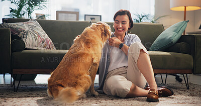 Buy stock photo Smile, relax and dog with woman on floor of living room for petting, bonding and loyalty. Trust, animal adoption and care with person and golden retriever at home for support, domestic and happiness