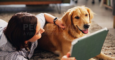 Buy stock photo Home, dog and woman on floor, tablet and bonding together with happiness, relax and internet. Apartment, pet owner and person on carpet, best friend or tech with social media, digital app or labrador