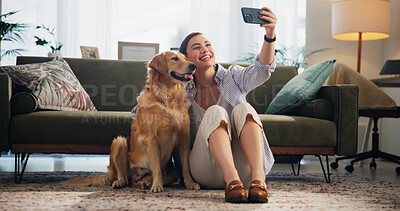 Buy stock photo Home, selfie and woman on floor, dog and bonding together with happiness in living room. Person, apartment and pet owner with mobile user, profile picture and relax with smile, photography and memory