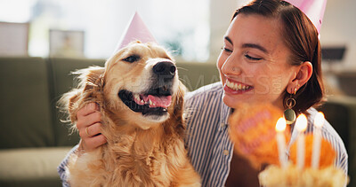Buy stock photo Birthday, cake and happy woman with dog in home for celebration, surprise and party together. Animal, pet and person with Golden Retriever with dessert or treats for adoption, milestone and bonding