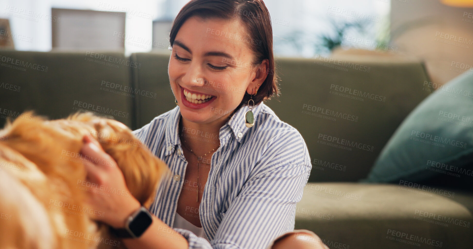 Buy stock photo Love, smile and dog with woman on floor of living room for petting, bonding and loyalty. Trust, animal adoption and care with person and golden retriever at home for support, domestic and happiness