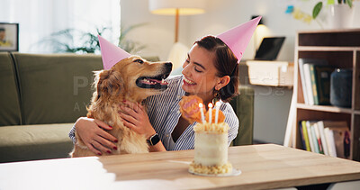 Buy stock photo Birthday, candles and woman with cake for dog for celebration, surprise and party together. Animal, pet owner and person with Golden Retriever with dessert or treats for adoption, love and bonding