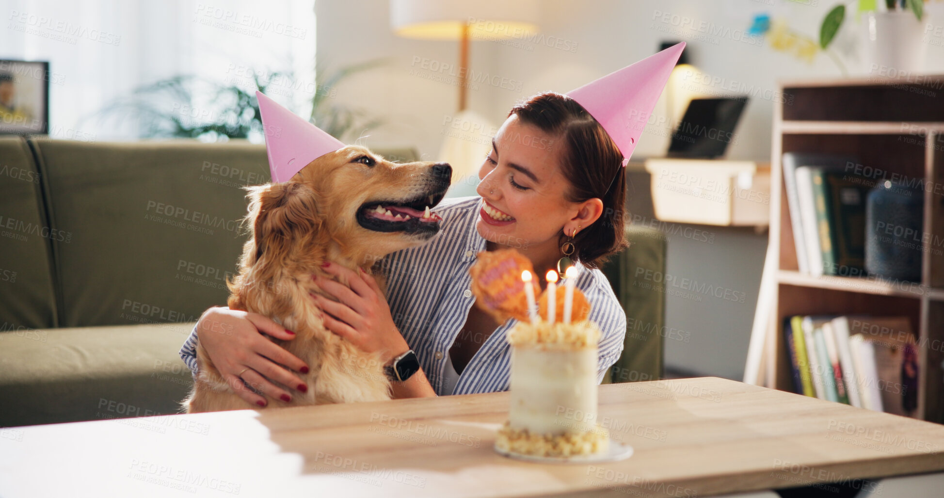 Buy stock photo Birthday, candles and woman with cake for dog for celebration, surprise and party together. Animal, pet owner and person with Golden Retriever with dessert or treats for adoption, love and bonding