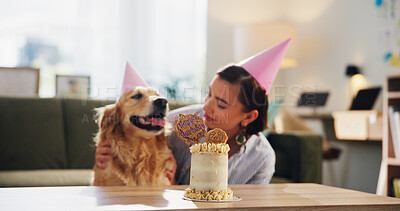 Buy stock photo Birthday, cake and woman with dog for celebration, surprise and party together in home. Animal, pet owner and person with Golden Retriever with dessert or treats for adoption, milestone and bonding