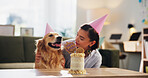 Birthday, cake and woman with dog for celebration, surprise and party together in home. Animal, pet owner and person with Golden Retriever with dessert or treats for adoption, milestone and bonding