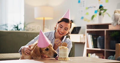 Buy stock photo Birthday, cake and girl with dog in home for celebration, surprise and party together. Animal, pet owner and woman with Golden Retriever with dessert or treats for adoption, anniversary and bonding