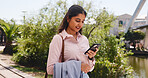 Happy woman, business and walking with phone for communication, social media or outdoor connection. Female person, tourist or travel with mobile smartphone app for online texting or chatting in city