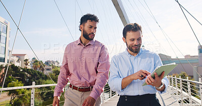Buy stock photo Tablet, walking and business men in city with company planning, collaboration and budget discussion. Teamwork, digital technology and financial managers with conversation, partnership and research
