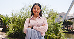 Portrait, smile and business woman in city for travel, confident or green consultant with pride. Arms crossed, professional and happy worker outdoor, sustainability advisor or eco friendly specialist
