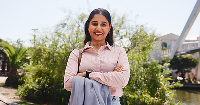 Buy stock photo Portrait, smile and business woman in city for travel, confident or green consultant with pride. Arms crossed, professional and happy worker outdoor, sustainability advisor or eco friendly specialist