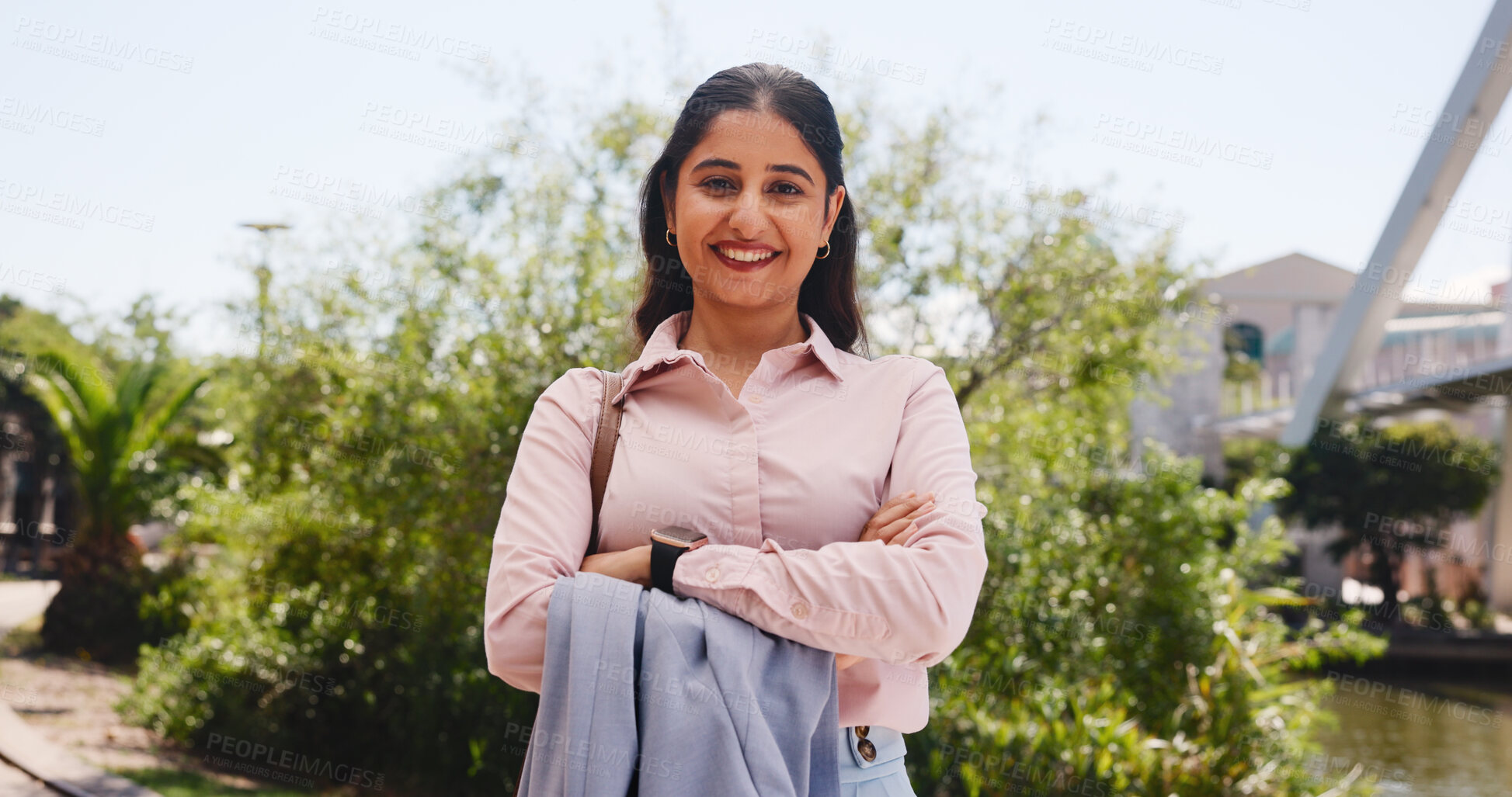 Buy stock photo Portrait, smile and business woman in city for travel, confident or green consultant with pride. Arms crossed, professional and happy worker outdoor, sustainability advisor or eco friendly specialist