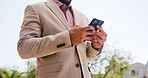 Hands, business and man in city, smartphone and typing with communication, internet and trading. Person, outdoor and financial advisor with cellphone, mobile user and email with profit growth or app