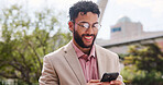 Happy, businessman and chatting with phone in city for communication, social media or connection. Man, employee or real estate agent with smile on mobile smartphone app for career or job opportunity