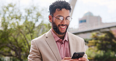 Buy stock photo Happy, businessman and chatting with phone in city for communication, social media or connection. Man, employee or real estate agent with smile on mobile smartphone app for career or job opportunity