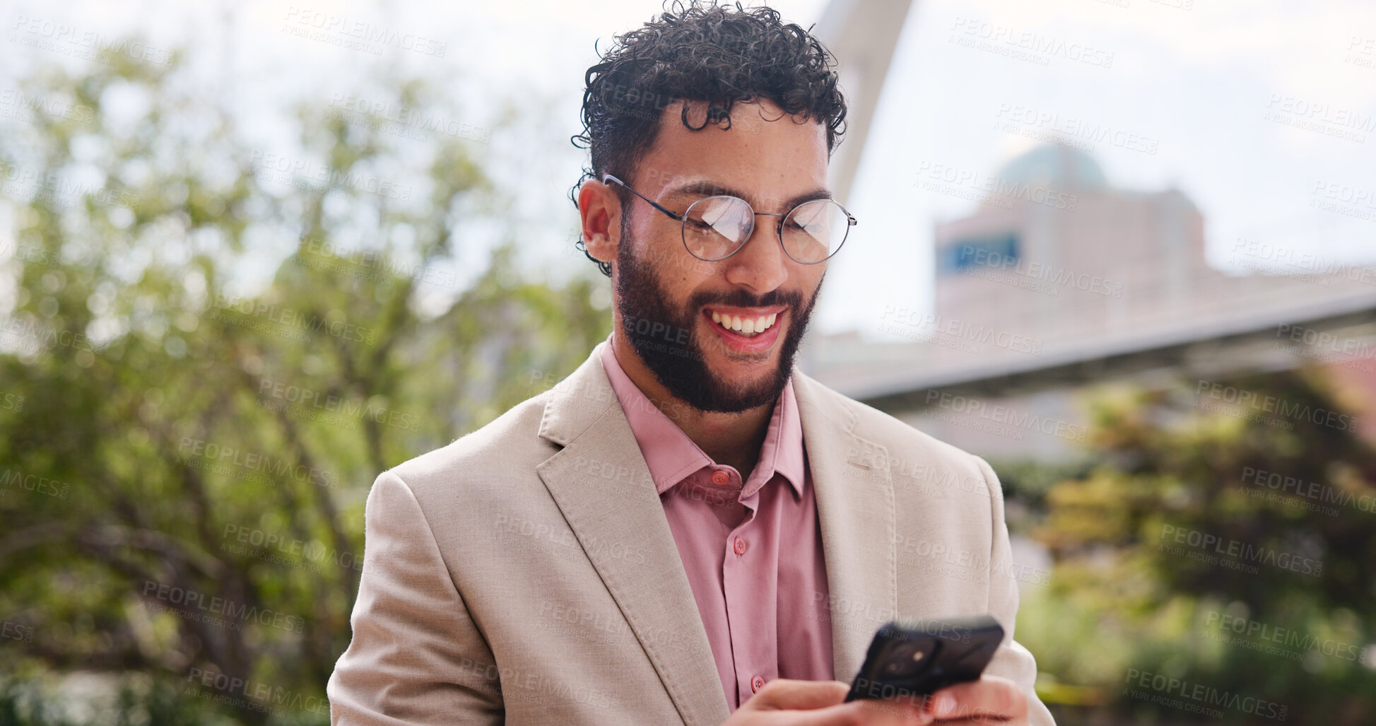 Buy stock photo Happy, businessman and chatting with phone in city for communication, social media or connection. Man, employee or real estate agent with smile on mobile smartphone app for career or job opportunity