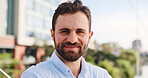 Portrait, smile and business man in city for travel, ambition and urban planner with pride. Face, happy professional and employee outdoor on bridge with confident worker or town developer in Germany