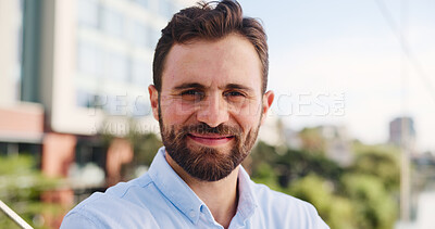 Buy stock photo Portrait, smile and business man in city for travel, ambition and urban planner with pride. Face, happy professional and employee outdoor on bridge with confident worker or town developer in Germany