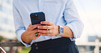 Hands, business and man in city, cellphone and typing with communication, internet and message. Person, outdoor and employee with smartphone, connection and email with online schedule or social media