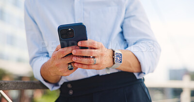Buy stock photo Hands, business and man in city, cellphone and typing with communication, internet and message. Person, outdoor and employee with smartphone, connection and email with online schedule or social media