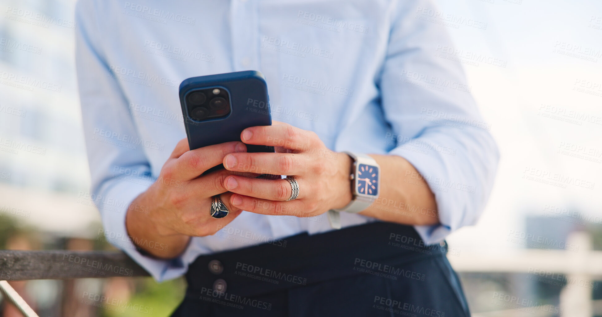 Buy stock photo Hands, business and man in city, cellphone and typing with communication, internet and message. Person, outdoor and employee with smartphone, connection and email with online schedule or social media