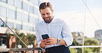 Happy, business and man with smartphone, outdoor and smile with communication, internet and digital app. Person, mobile user and employee with cellphone, social media and email with online chatting