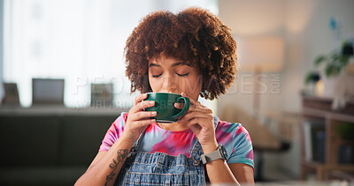 Buy stock photo House, drinking and woman with coffee, enjoy and girl with hot beverage in morning, relax or break. Home, calm and person with tea cup in living room, satisfaction or peace with caffeine in apartment
