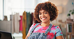 Small business, fashion portrait and woman with smile for online store, ecommerce distribution or startup. Designer, african person and happy in boutique for custom retail clothing or shop management