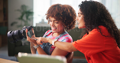 Buy stock photo Women, teamwork and photographer with camera for small business, content creation or production in home. People, freelancers or remote workers with photograph or picture for online startup or media