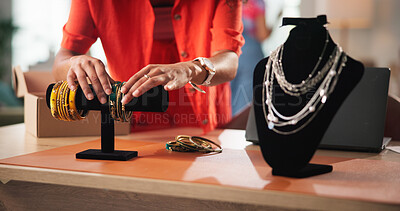 Buy stock photo Startup, jewelry and hands of woman in office for small business, designer and retail supplier. Display, fashion and person with accessories for inventory, creative industry and stylist for boutique