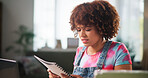 Frustrated woman, documents and laptop with stress for debt, financial crisis or over budget at home. Female person, freelancer or remote worker with paperwork or finance report for expenses or costs
