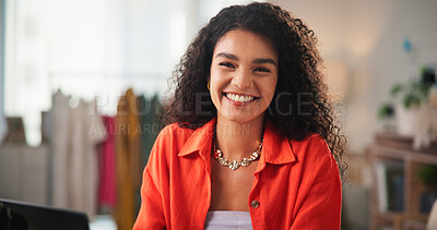 Buy stock photo Shop owner, fashion portrait or woman with smile for online store, ecommerce distribution or small business growth. Startup, girl and laptop in boutique for custom retail clothing or order management