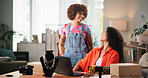 Women, fashion designer and happy in discussion by laptop for sales report, profit or partnership at small business. People, team and smile for talk, online shopping or dropshipping with e commerce