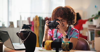 Buy stock photo Woman, photographer or home with camera for jewelry business, fashion or digital marketing. Female person, freelancer or designer with technology for online startup, content creation or advertising